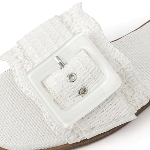 Rihero Flat Sandals for Women Square Toe Raffia Slide Sandals Summer Dressy Slip On Buckle Straw White Beach Slides White Size 8.5 - Thumbnail 5