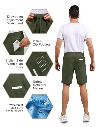 Hioutdoor Mens Shorts Waterproof Quick Dry Slim Fit Athletic Running Gym Training Zipper Pockets for Basketball Tennis Hiking Workout Swim Trunks Army Green 2XL - Thumbnail 3