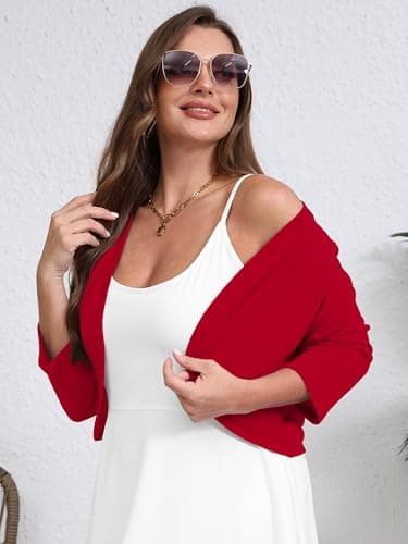AusLook Plus Size Women Bolero Shrugs 3/4 Sleeve Red 3X Open Front Knit Lightweight Coat Cropped Tops Shawls and Wraps Cardigan Dressy Sweater Clothes - Thumbnail 3