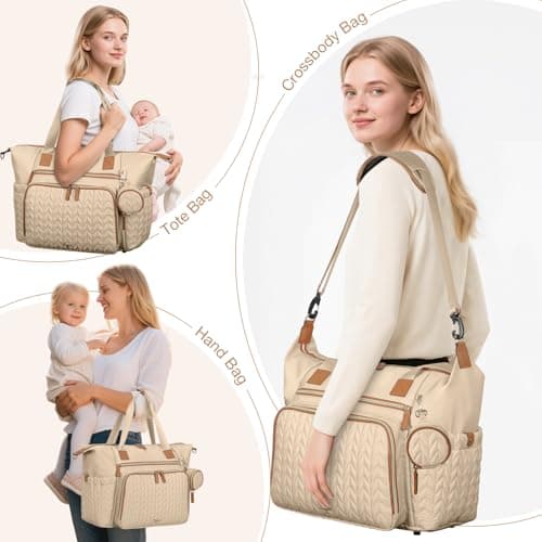 Tonyeee Diaper Bag Tote, Large Baby Diaper Bags Waterproof, Hospital Bag for Labor Delivery with Pacifier Case, Changing Pad, Shoulder Strap, khaki - Thumbnail 3