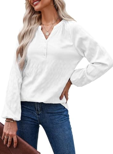 Dokotoo Spring Tops for Women Trendy Casual Long Sleeve Tops 2026 Fashion Spring Outfits Loose Fit Basic V Neck Business Tshirts Textured White Top Blouse Large - Image 1