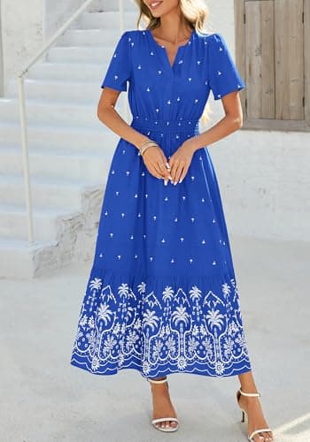 BTFBM Summer Dresses for Women 2026 Casual V Neck Short Sleeve Flowy Wedding Guest Beach Vacation Floral Boho Maxi Dress(Royal Blue White Flower, Large) - Thumbnail 2