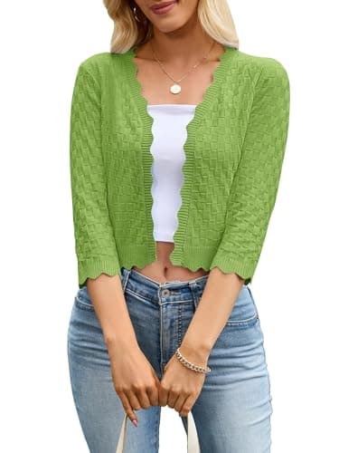 Biodeer Women's 3/4 Sleeve Cropped Cardigan Scalloped V Neck Open Front Lightweight Shrug Knit Hollow Out Crop Top Sweater Green - Image 1