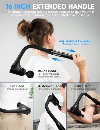 Massage Gun Deep Tissue - Back Massager for Pain Relief Deep Tissue with Extended Handle, 12MM Percussion Less-Shock Neck/Foot/Leg/Shoulder Massager, Infinitely Adjustable Speed & 4 Replaceable Heads - Thumbnail 6