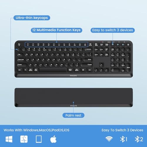 PHILIPS Bluetooth Keyboard and Mouse Combo, Ergonomic Design with Wrist Rest for Computer Keyboard, Bluetooth/2.4Ghz 3-Device Connectivity, Wireless Keyboard and Mouse Set for Windows/Android, Black - Thumbnail 6