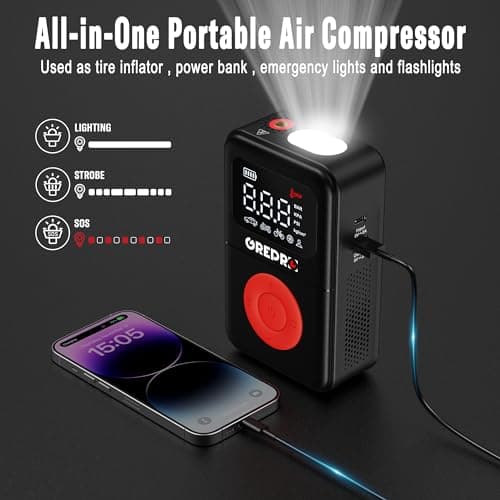 GREPRO Tire Inflator Portable Air Compressor, 160 PSI Portable Air Pump with Digital Pressure Gauge, LED Light, and Multiple Adapters for Car, Motorcycle, Bicycle, and Other Inflatables - Thumbnail 4