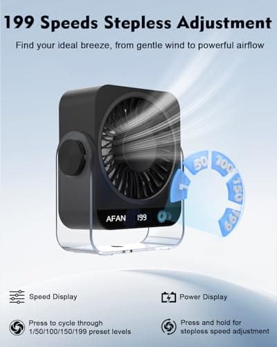 Ehoyal Small Desk Fan Quiet: Rechargeable 5000mAh Battery Powered, 199 Speeds Strong Wind, 120° Tilt Adjustable, 6.6" Portable Desktop Fan for Bedside Sleeping Camping Home Office Travel, Black - Thumbnail 2