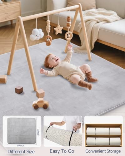 Thick Baby Play Mat for Floor,Padded Foam 59x39 Tummy Time Mat,Ultra Soft Support&Plush Feel Bedside Rugs,Non Slip for Toddler,Infants,Kids Play,Yoga,Baby Crawling (Light Grey) - Thumbnail 6