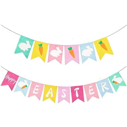 Happy Easter Banner for Fireplace,Bunny Carrot Banner Indoor Outdoor Easter Decorations, Easter Themed Party Supplies for Home, Wall, Office School Classroom Easter Banner Decor - Image 1