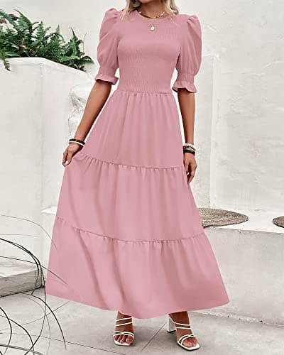 BTFBM Women Casual Summer Dresses 2026 Spring Crew Neck Ruffle Short Sleeve Smocked Floral Boho Flowy Maxi Dress Clothes(Solid Light Pink, Medium) - Thumbnail 3