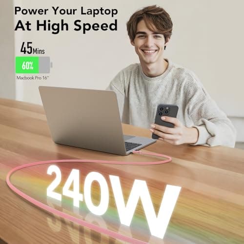 MFish 240W USB-C to USB-C Cable (PD 3.1 EPR), 480Mbps Speed, Fast Charging Type C Cable for MacBook Pro/Air, iPhone 17/16 Pro, Galaxy S25/S24, Laptops, iPad, Durable Silicone, 6FT Pink - Thumbnail 3