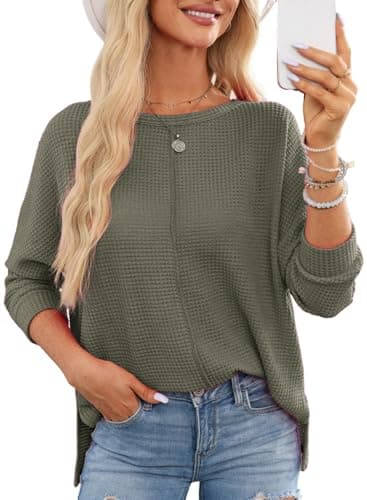 Dokotoo Womens Long Sleeve Tops Plus Size Women Blouses Dressy Casual Fall Outfits for Women 2026 Oversized Shirts Waffle Knit Top Business Casual Outfits Green Blouses S - Image 1