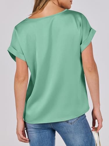 ANRABESS Women's Summer Dressy Casual Short Sleeve Shirts Crewneck Satin 2026 Business Office Work Blouse Tops Light Green Large - Thumbnail 4