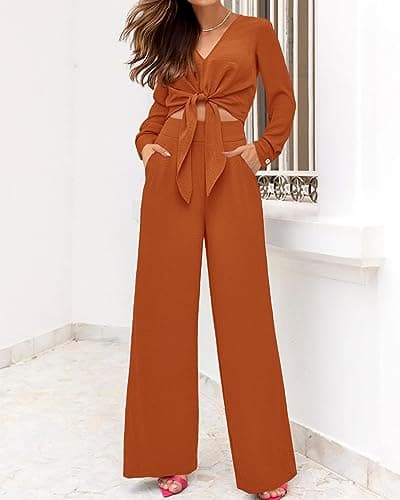 PRETTYGARDEN Women's 2 Piece Outfits 2026 Spring Fashion V Neck Long Sleeve Strappy Crop Top Wide Leg Pant Lounge Sets(Brown Orange,Small) - Thumbnail 6