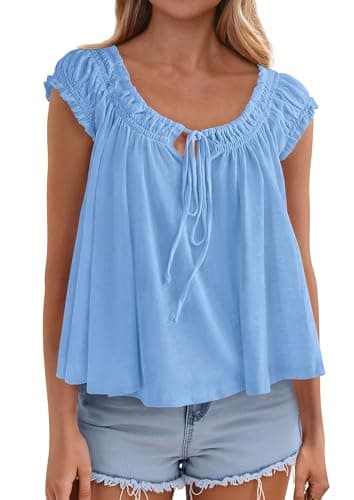 PRETTYGARDEN Women Babydoll Tops 2026 Summer Clothes Cap Sleeve Tie Front Flowy Tank Top Peplum Blouses Cute Going Out Shirts (Light Blue,XX-Large) - Image 1