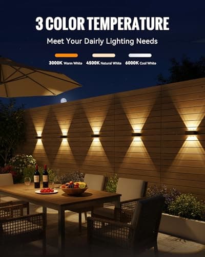 Solar Fence Lights Outdoor Waterproof 12 Pack, 3 Modes (3000K/4500K/6000K), 6 LEDs Up and Down Fence Lights Solar Powered for Outside, Deck Lighting for for Backyard/Garden/Patio/Garage Wall Decor - Thumbnail 2