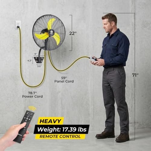 FUGOO 20'' Outdoor Quiet Remote Control Oscillating Wall Mount Fan,All Sealed BLDC Motor,4 Speed Waterproof Outdoor Fan With Remote, Heavy Duty Industrial Wall Fans for House,Patios,Garage,Warehouse - Thumbnail 2