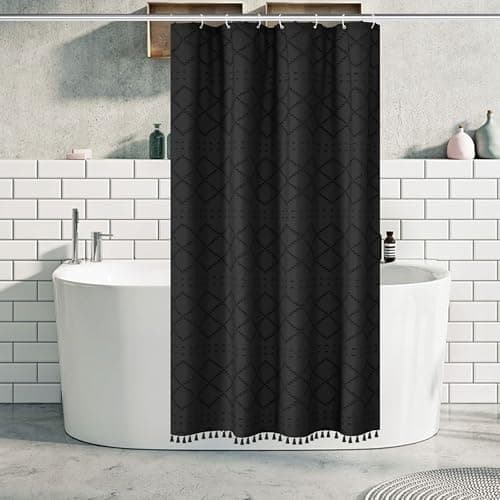 Stall Boho Black Woven Fabric Shower Curtain with Tassels 42 x 72 Modern Farmhouse Minimalist Tufted Chevron Striped Shabby Chic Textured, Water Resistant Curtain for Bathroom, Hotel Decor
