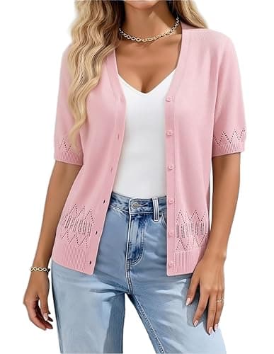 GRACE KARIN Women Spring Short Sleeve Cardigan Sweaters Button Down Knit Shirt Dressy Casual Tops 2026 Summer Outfits Pink - Image 1