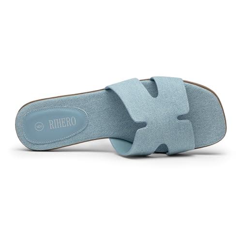 Rihero Women's Dressy Flat Sandals Square Open Toe Blue Sandals Comfortable Slip On Casual Summer Slides for Women Size 5.5 - Thumbnail 6