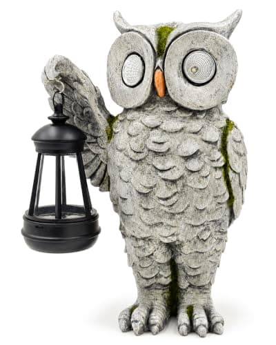Verdosphire Solar Owl Statue Outdoor Decor | Stone-Look Resin Owl Garden Sculpture with Glowing Eyes & Hanging Lantern | Realistic Weathered Finish for Patio, Lawn, Porch, Flower Bed | Gardening Gift - Image 1