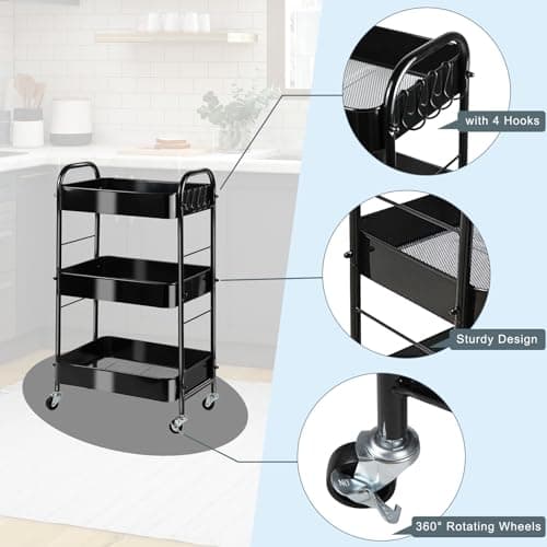 SUNLPH 3-Tier Rolling Utility Cart with Stopper Caster Wheels and 4 Hooks, Easy Assembly, for Kitchen, Bathroom, Living Room, Office (17.7”L x 12.2”W x 29.1”H, Black) - Thumbnail 4