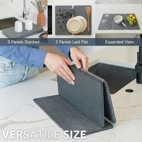 Sisher Large Stone Dish Drying Mat For Kitchen Counter,Quick Dry Diatomaceous Earth Drying,Water Absorbing,Easy To Store,Foldable For Dish Racks, Bottles, Cups, And Cutlery.(24" × 16" Dark Gray) - Thumbnail 4