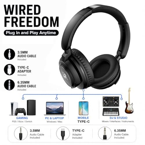 BeAttack Wired Over Ear Headphones Studio Monitor & Mixing DJ Stereo Headsets with 50mm Drivers and 1/4 to 3.5mm Jack for Cellphone Type C AMP Computer Recording Podcast Keyboard Guitar Laptop Black - Thumbnail 3