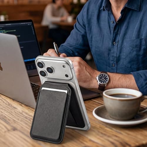 Ergonomadic Magnetic Leather Wallet Stand – Hands-Free Viewing – MagSafe Compatible Phone Grip & Card Holder – High-Strength Magnets – for iPhone 12/13/14/15/16/17 - Black - Image 1
