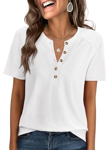 ANRABESS Women Waffle Knit Tops Short Sleeve Henley Shirts Dressy Casual Blouse 2026 Spring Fashion Outfits Trendy Clothes White Mediun - Image 1