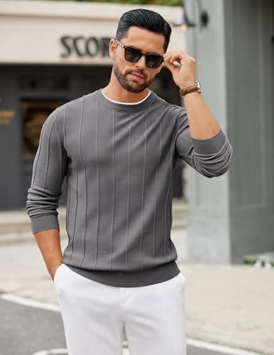COOFANDY Mens Crewneck Sweater Pullovers Lightweight Knit Sweathirts for Men Casual Dress Sweater Dark Grey - Thumbnail 2