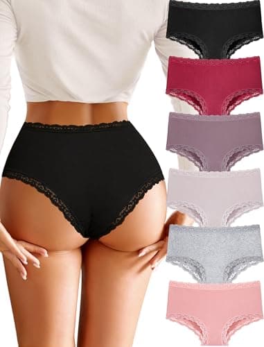 FINETOO Cotton Underwear for Women Sexy Boy Shorts Breathable Cheeky Lace Trim Panties Womens Underwear 6 Pack - Image 1