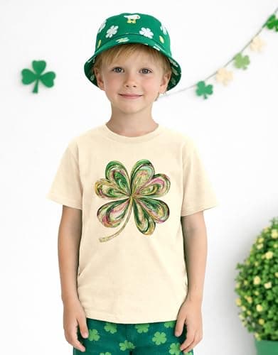 SANIXJOO Toddler Girls Boys St. Patrick Day Outfits Kids Baby Clover Graphic Summer Tee Tops Short Sleeve Casual Clothes(Apricot,4-5T) - Thumbnail 2