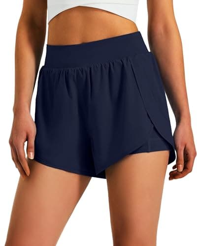Ksmien Womens 3" Athletic Running Shorts - 2 in 1 Quick Dry Split Workout Gym Shorts with Liner Phone Pockets Navy Blue