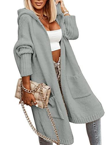 Aoysky Womens Long Cardigans Cable Knitted Open Front Oversized Hooded Outerwear Sweater Coat Grey