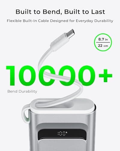 TALIX 10000mAh Portable Charger, 3-Port USB-C Power Bank, 100W Max Fast Charging Battery Pack with Built-in Cables for iPhone 17/16/15 Pro Max,iPad,Samsung Galaxy,Phone, TSA Approved Travel, Silver - Thumbnail 6