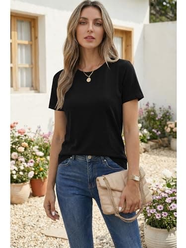 Women's T Shirt Cotton Short Sleeve T-Shirts Crewneck Basic Solid Color Tee Loose Fit Tshirts Breathable Comfy Summer Tops for Women 2026 Black - Thumbnail 2