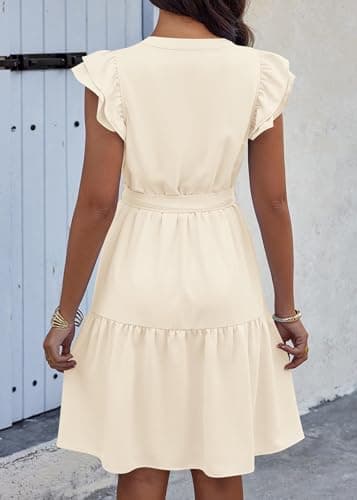 KIRUNDO Summer Dresses for Women 2026 Spring Flutter Sleeve V Neck Ruffle Flowy Tiered Knee Length Beach Vacation Sundress(Beige, XX-Large) - Thumbnail 2