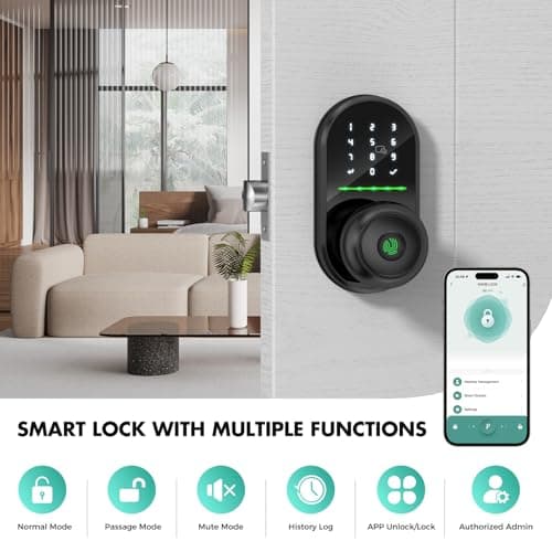 HEI LIANG Smart Door Knob with Keypad,5-in-1 Biometric Fingerprint Door Lock,Keyless Entry Door Lock for Bedroom Office Apartment,App Control,Auto Lock,Fits Standard Doors,Dark Black - Thumbnail 5