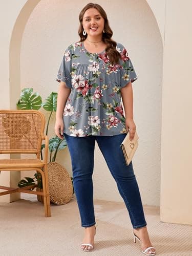 AusLook Plus Size Floral Tunic Tops for Women Pleated Babydoll Blouse Short Sleeve Round Neck Loose Fit Casual Flowy Gray Watercolor Bouquet 3X Tunic Shirts Summer Tops to Wear with Leggings - Thumbnail 5