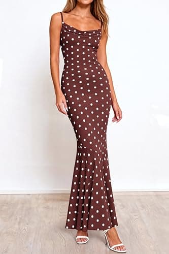 PRETTYGARDEN Womens Summer Dresses 2026 Polka Dot Spaghetti Strap Cowl Neck Bodycon Wedding Cocktail Mermaid Maxi Dress(Dot Brown White,Medium) - Thumbnail 2