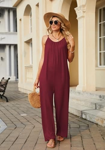 LILBETTER Loose Jumpsuits for Women Casual Summer Sleeveless Rompers Wide Leg Boho One Piece Outfits with Pockets Adjustable Strap(Wine Red Medium) - Thumbnail 5