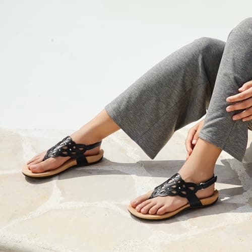 Athlefit Women's Arch Support Orthotic Sandals Comfortable Walking Orthopedic Thong Black Sandals Size 9.5 - Thumbnail 2