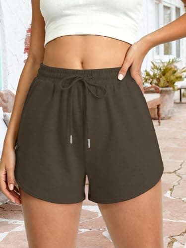 KISSMODA Women's Coffee Brown French Terry Shorts Elastic Drawstring Side Pockets Daily Travel Casual Relaxed Active Short Bottoms DarkBrowm S - Thumbnail 3