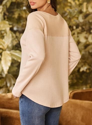 Dokotoo Womens Oversized Waffle Knit Tops Casual Crew Neck Long Sleeve Lightweight Soft Loose Hoodie Pullover Tunic Tops,Small Apricot - Thumbnail 6