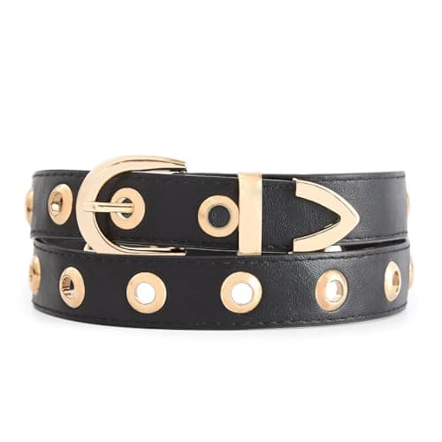 EONTISO Women Studded Leather Belt for Jeans, Punk Gold Grommets, Western Gold Buckle Black M - Thumbnail 2