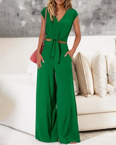 PRETTYGARDEN Women's Summer 2 Piece Outfits 2026 Cap Sleeve V Neck Belted Crop Tops Wide Leg Pant Sets Casual Tracksuit(Solid Green,Large) - Thumbnail 3