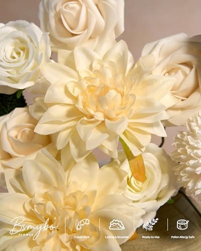 BSMYBO White Flower Artificial Roses Faux Flowers with Stems Mix Fake Roses Dahlia Chrysanthemum Ball for Wedding Bridal Bouquets, Table Centerpieces, Baby Shower, Party, Home Decorations - Thumbnail 2