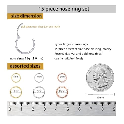 Koariya nose ring 18G and 20G nose nail set for men and women, anti allergic 316L medical grade stainless steel spiral nose nail, nose screw bone 2/2.5/3mm zircon perforated jewelry 15 pieces (three color gift box set) - Thumbnail 3