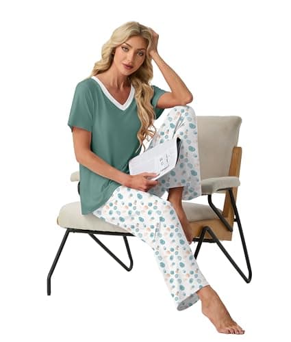 PrinStory Pajamas for Women Set Soft Pjs 2 Piece Pajama Sets Casual Pj Short Sleeve Lounge set with Pockets White Color Block-L - Thumbnail 5